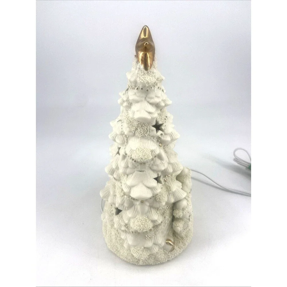 Ivory Gold Christmas Tree Lamp Nightlight Bear Santa Snowman Flocked Snow White